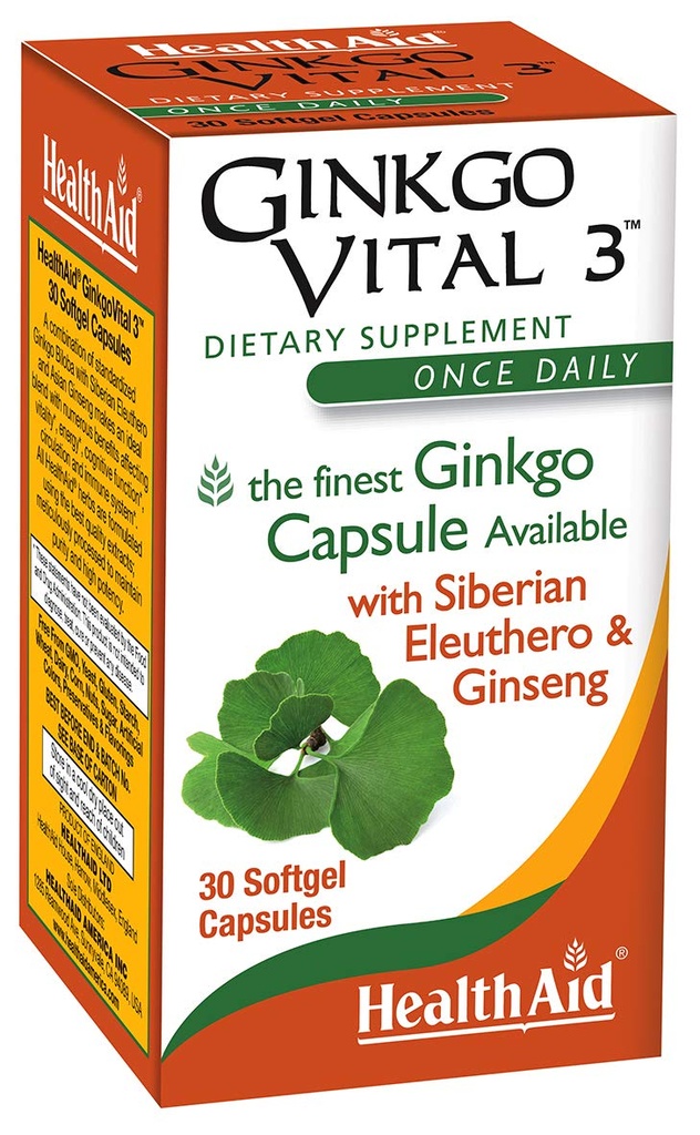 HealthAid Ginkgo Vital 3 – Enkrat-Daily Softgel z Ginkgo Biloba, Sibirski Eleuthero & Korean Ginseng 