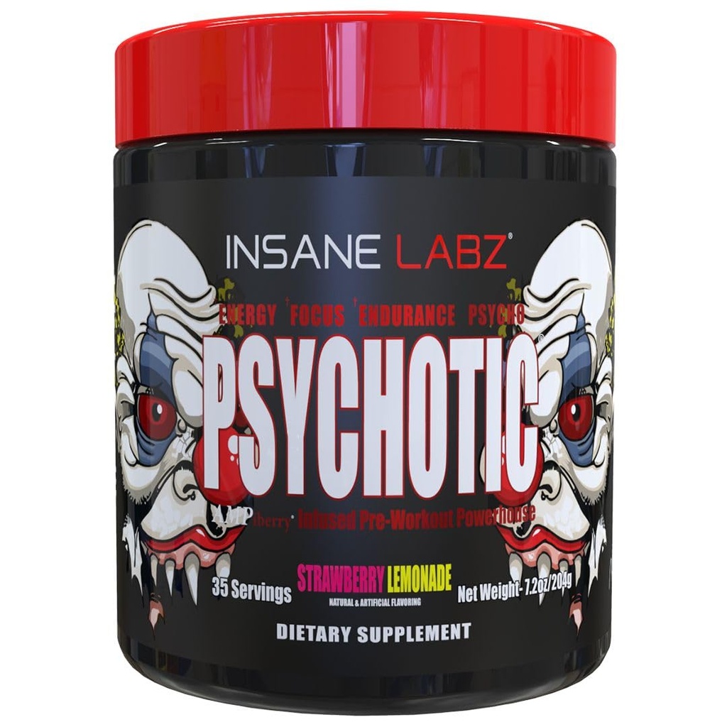 Insane Labz Psychotic, High Stimulant Pre Workout Powder, Extreme Trajna energija, Fokus in vzdržljivost z Beta Alanine, Kreatin Monohidrat, DMAE, 35 Srvgs (Strawberry Limonada)