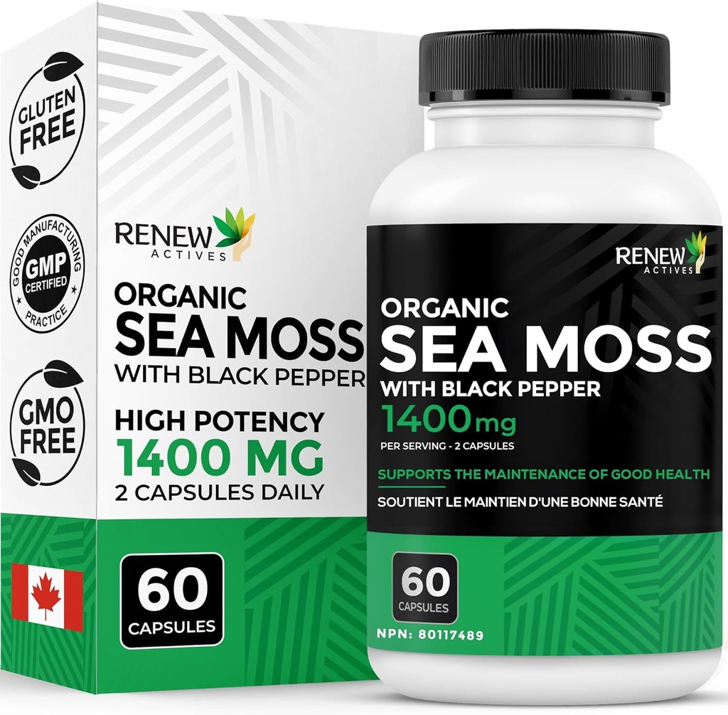 Renew Actives Sea Moss Triple-Action Antioksidant Mešanica z BioPerine – Organic Irish Sea Moss 500MG, Bladderwrack 500MG & Burdock Root 400MG na 2 kapsuli – Izdelano v Kanadi - 60 kapsul