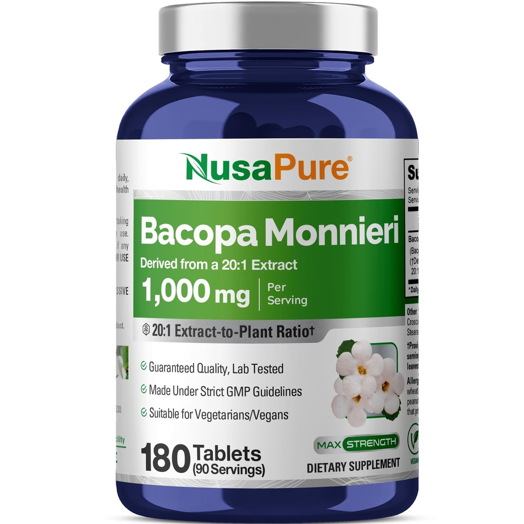 NusaPure Bacopa Leaf Monnieri Extract 20.000 mg 180 tablete (Extract 20:1, Non-GMO, Gluten Free)