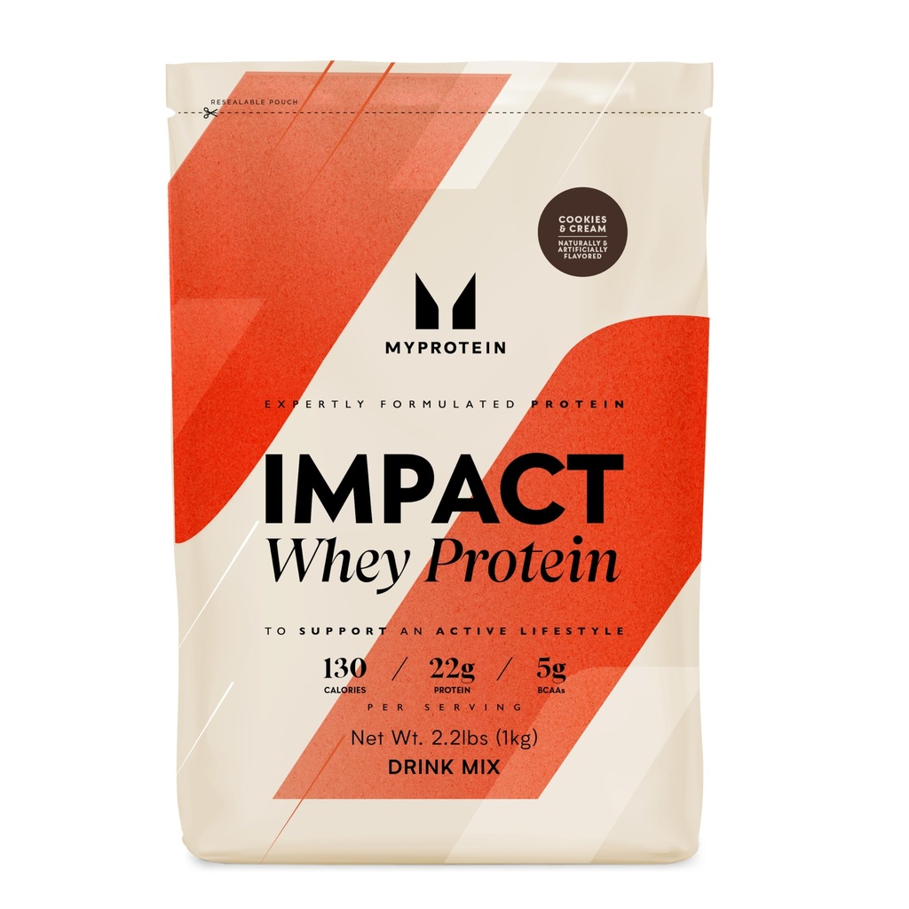 Beljakovine Myprotein Impact Whey Protein Powder, 2,2 LBs (32 serverjev) Piškotki in krema, 22 g Beljakovine & 5g BCAA na serviranje, Beljakovinski Shake za vrhunsko zmogljivost, mišična moč in regeneracijo, brez glutena