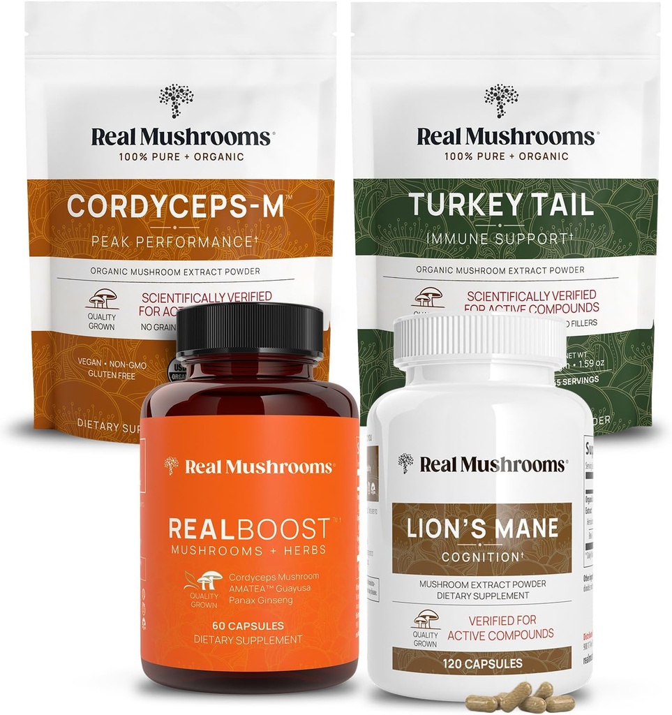 Prave gobe RealBoost (60ct), Lions Mane (120ct), Cordyceps & Turkey repa gobe v prahu in kapsule paket - goba dodatek za energijo, vitalnost, vzdržljivost in kognition - Vegan, Non-GMO