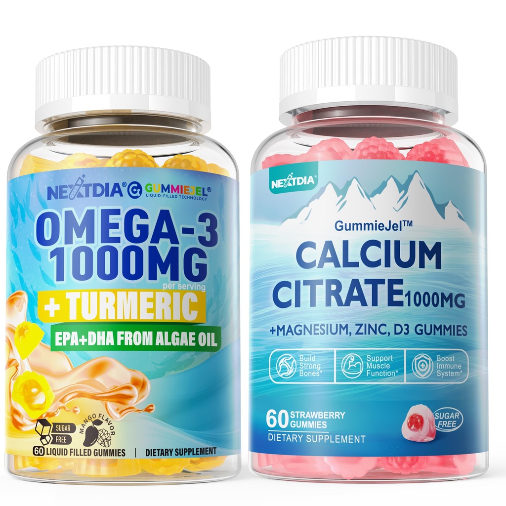 1Pack brez sladkorja kalcijev citrat, magnezijev citrat in 1Pack Vegan Omega-3 Gumies 1000mg + Kurkurji