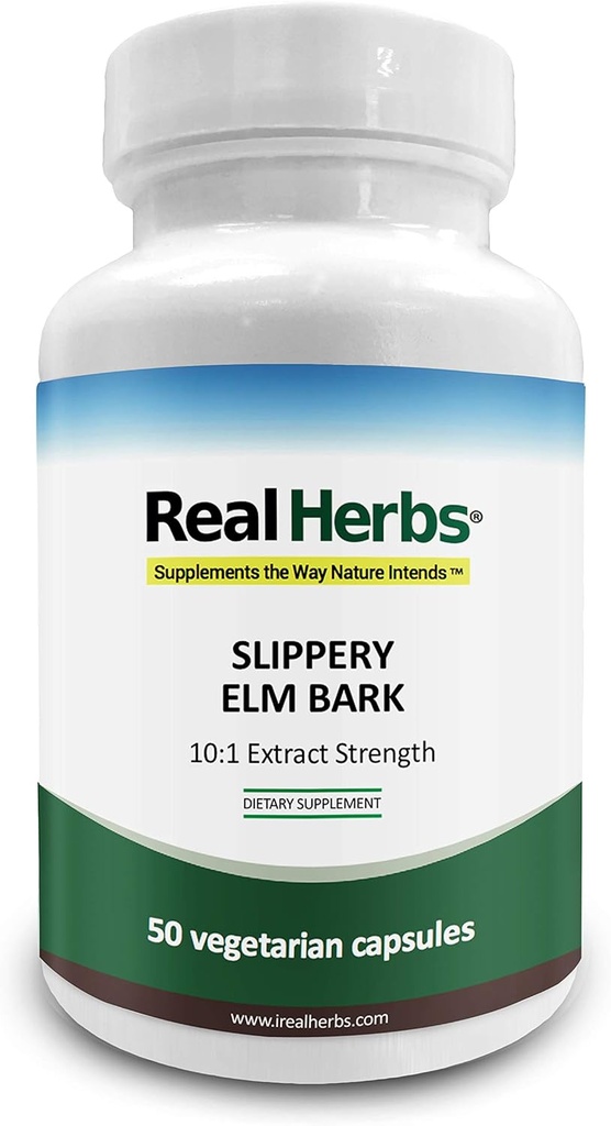 Real Herbs Slippery Elm Bark Izvleček iz 7000mg spolzkega Elm Bark z 10:1 Ekstrakt Jakost - Soothes Soresnost Mucous Membranes, Antioksidant Skin Health Support - 50 Vegetarijanske kapsule