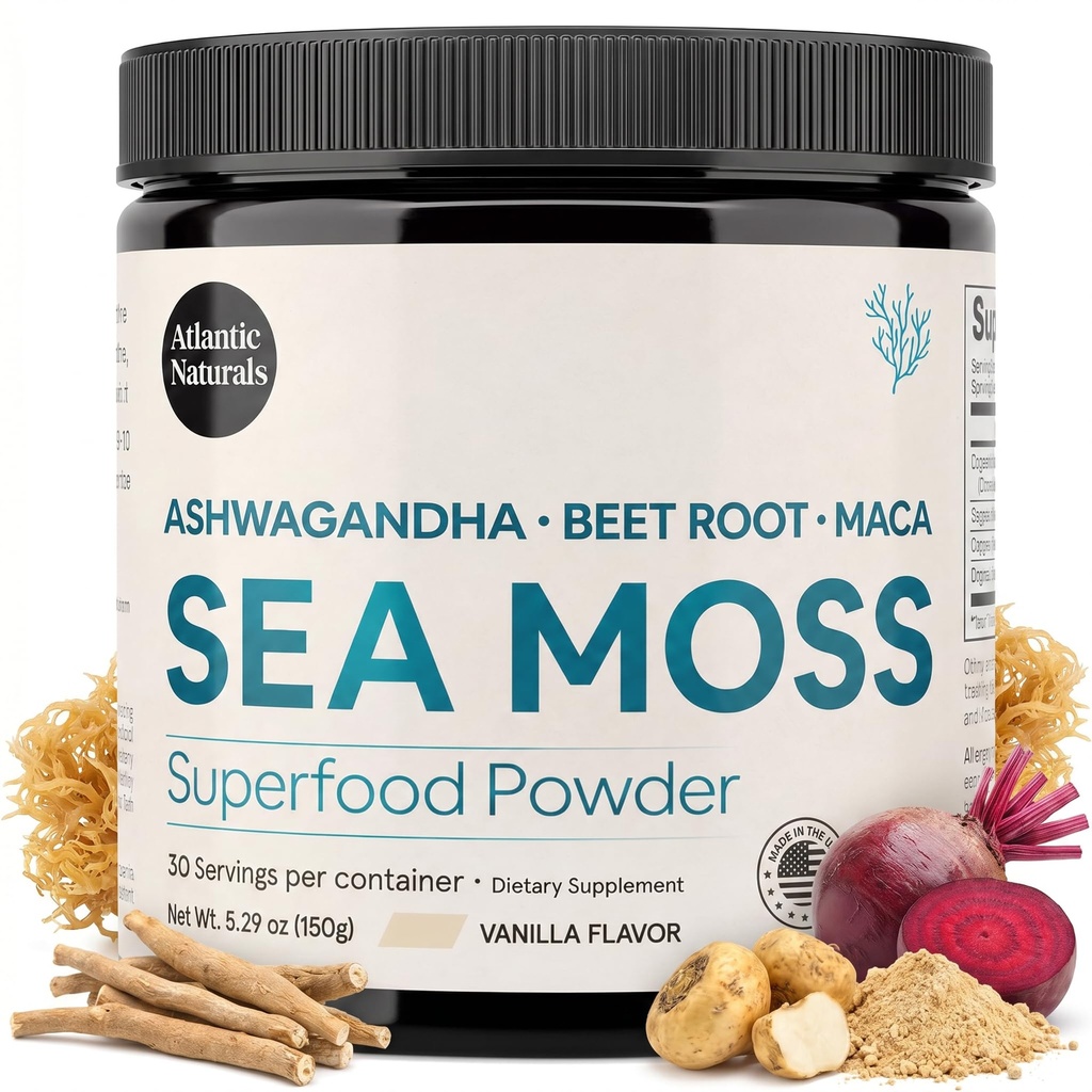 Atlantic Naturals Sea Moss Superfood Powder with Ashwagandha, Beet Root, in Maca Root - Sea Moss Powder podpira zdravo kožo, atletske uspešnosti, in pozitivno Mood - Vanilla Flavor (150g)