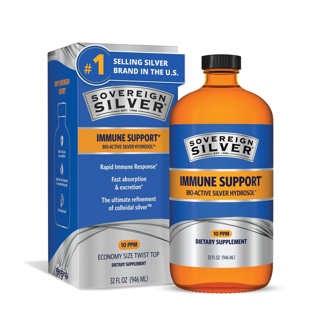 Suverena srebrna imunska podpora – koloidno srebro, bioaktivna srebrna hidrosol, 10 ppm, Tekoči Twist Top, 32 Fl Oz, (946 ml)