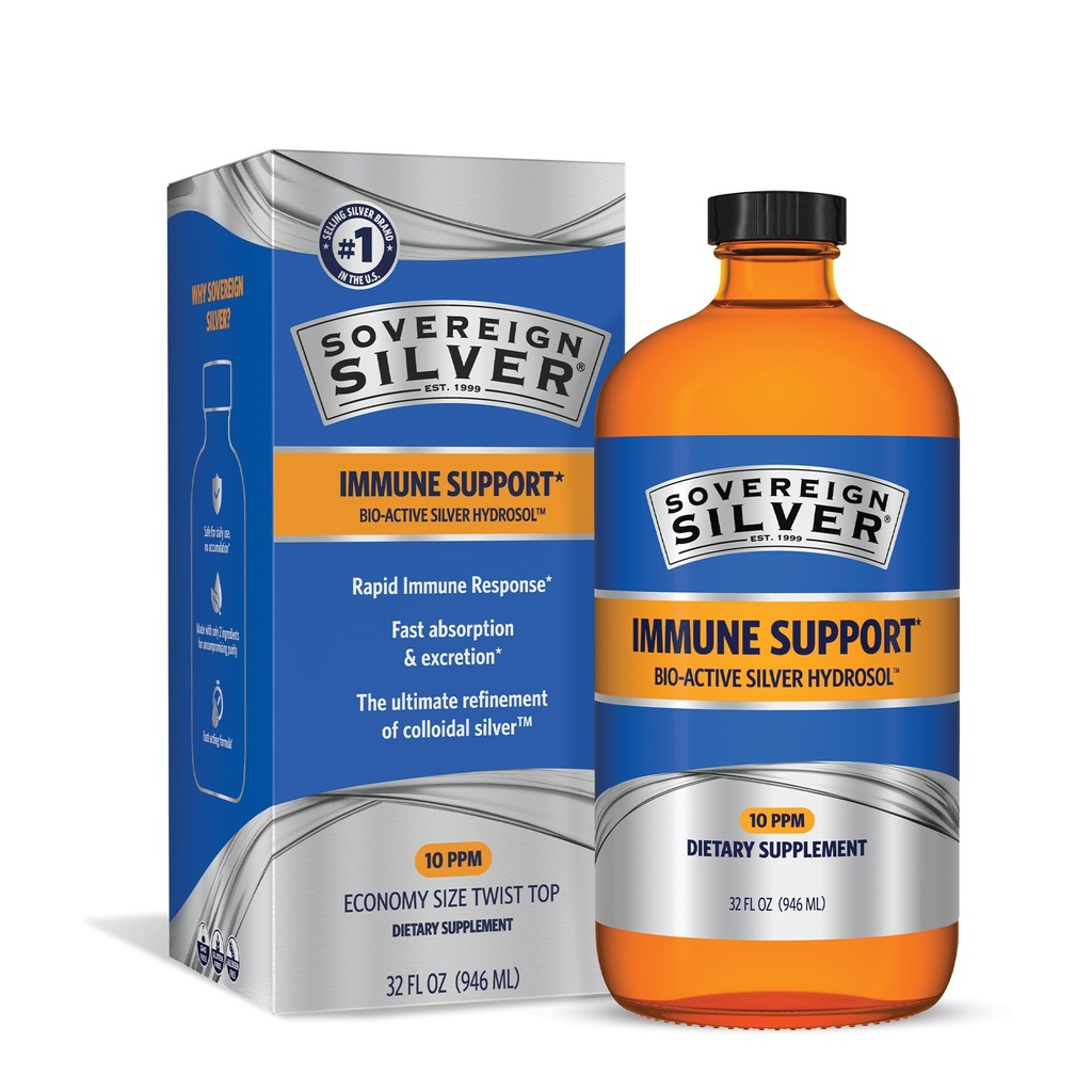 Suverena srebrna imunska podpora – koloidno srebro, bioaktivna srebrna hidrosol, 10 ppm, Tekoči Twist Top, 32 Fl Oz, (946 ml)