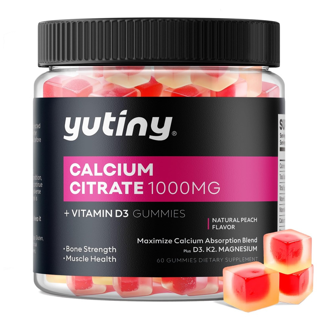 Kalcijev citrat Polni gumiji, ekstra absorpcija Kalcijev citrat 1000mg z vitaminom D3, K2 & Magnezij, žvečljivi dodatek za kosti, zdravje mišic, 60 Število