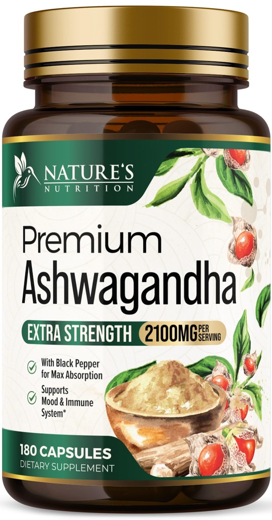Ashwagandha Supplements - Premium Ashwagandha Capsule for Women & Men, Natural Antioxidant Support Ashwa Root Extract, Extra Strength Calm Support with Black Pepper, Vegan - USA Bottled - 180 Capsules