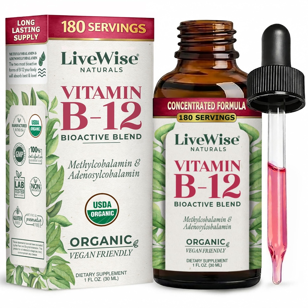 LiveWise Naturals B12 Vitaminske kapljice Ne-GMO, Organic Bioactive Mešanica za energijo, Jasnost, Fokus, in enostavno absorpcijo, Adenosylkobalamin & metilkobalamin dopolnilo, Vegan, Gluten-free, Dairy-free
