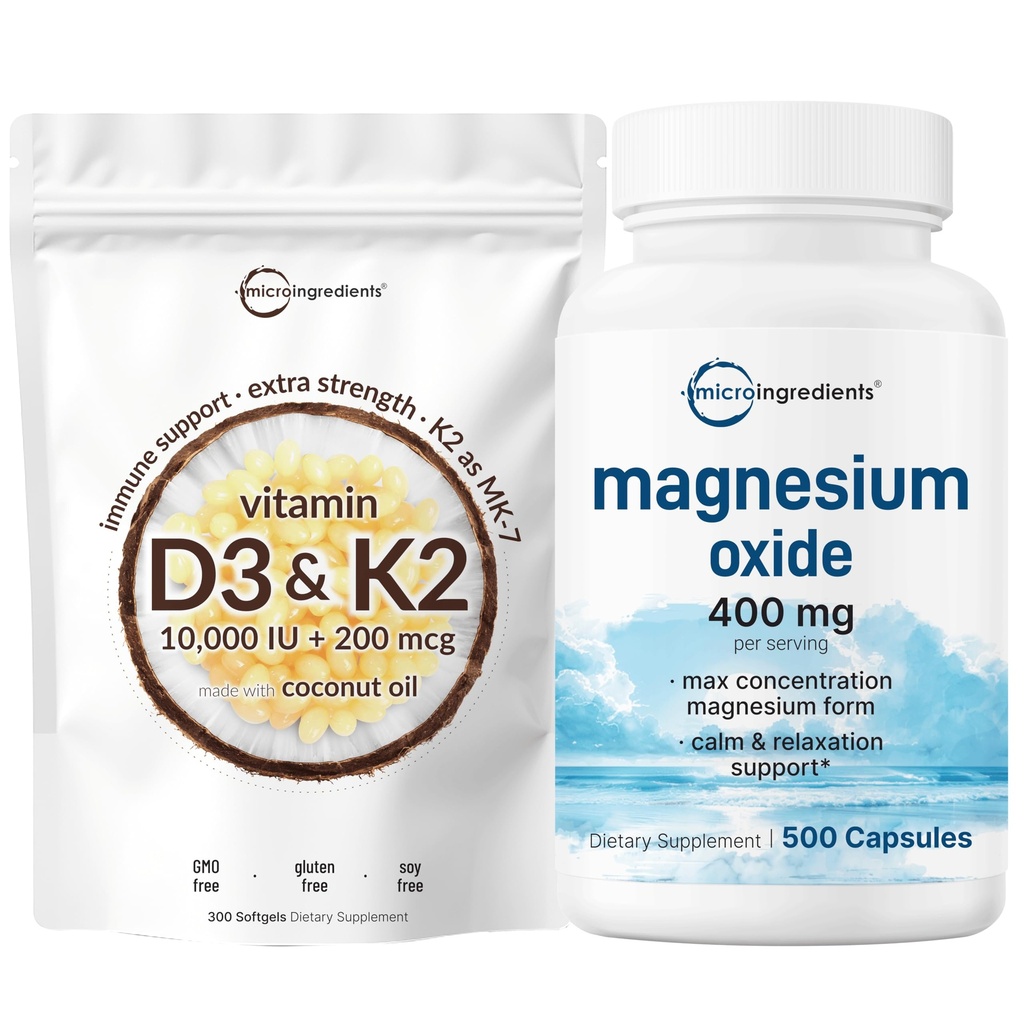 Mikro sestavine Vitamin D3 10.000iu + K2 200mcg Kokosovo olje Mehčalci in magnezijev oksid 400mg paket 