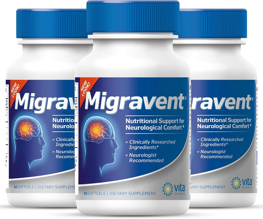 Vita Sciences Migravent – Advanced Nutritional Formula z magnezijem, CoQ10, vitamin B2 in PA-free Butterbur za nevrološko in žilno podporo – 60 kapsul (paketa 3)