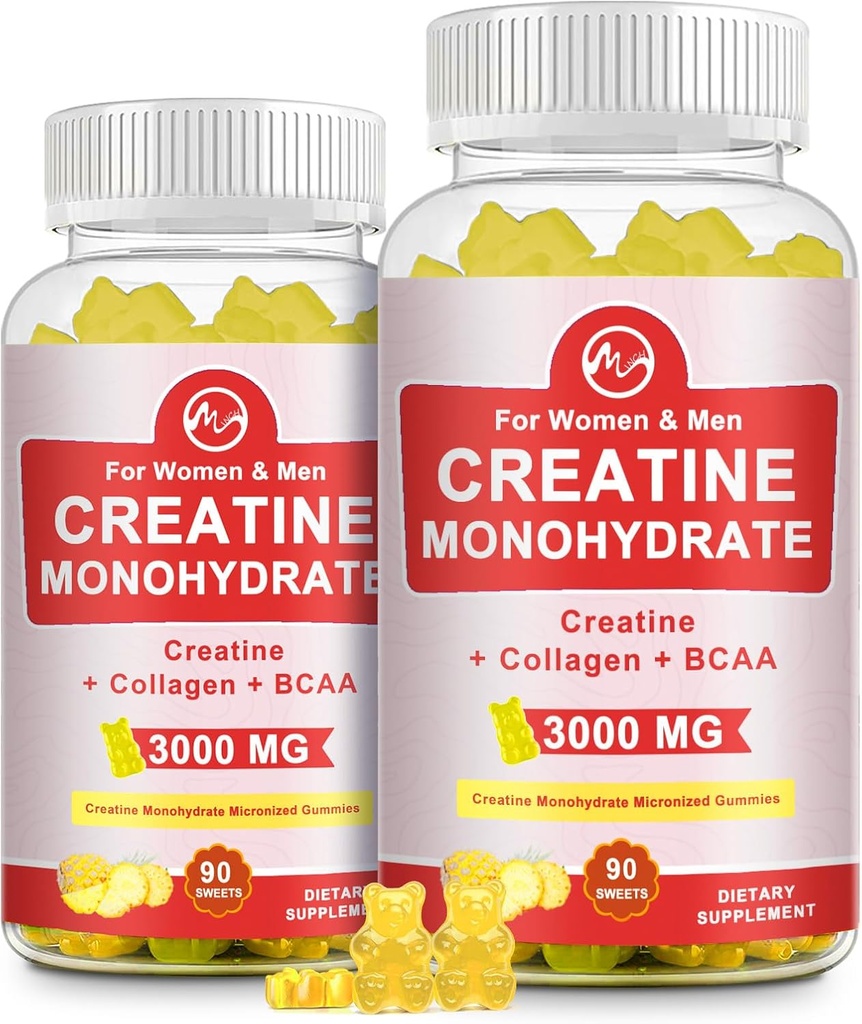 Kreatin Gummy, 3 g kreatin monohidrata na serviranje, brez sladkorja Kreatin monohidrat Gummy za mišično rast in moč z 0,5 g kolagen, 0,2 g BCAA, 60 serving, Ananasov okus, 2 pakiranji