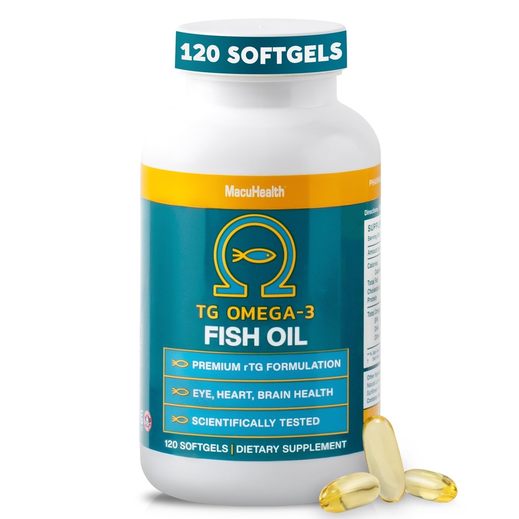 Macuhealth Omega 3 ribje olje - 1100mg DHA, 1100mg EPA, Eye & Brain Health Supplement, Triglicerid Formula, 120 Softgels