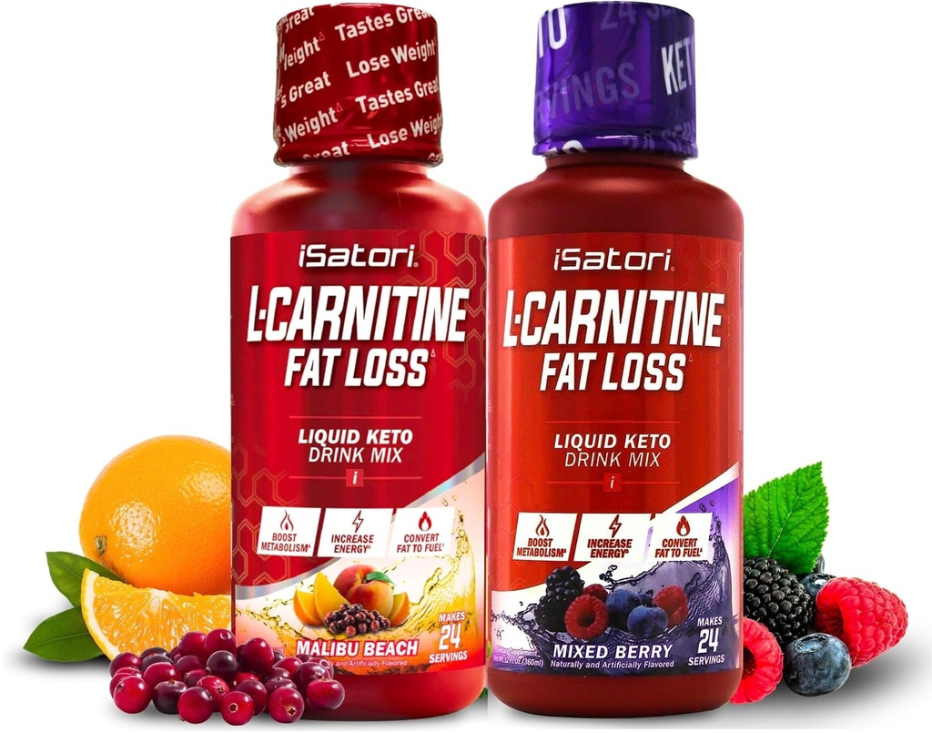 iSatori L-Carnitine 1500, tekoči L-karnitin z acetil L-karnitinom, mešanim okusom jagod (24 strežb) in plažo Malibu Flavor (24 strežb)