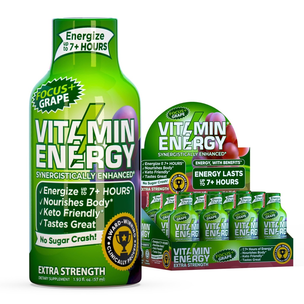 Vitamin Energy Focus+ Dodatna moč Energija Shot Grozdje 12 Pack, 260mg Naravni kofein, B-vitamini, CoQ10, Aminokisline, Fokus, Produktivnost in čistost, Nič sladkorja, Gluten-free, 1,93 fl oz