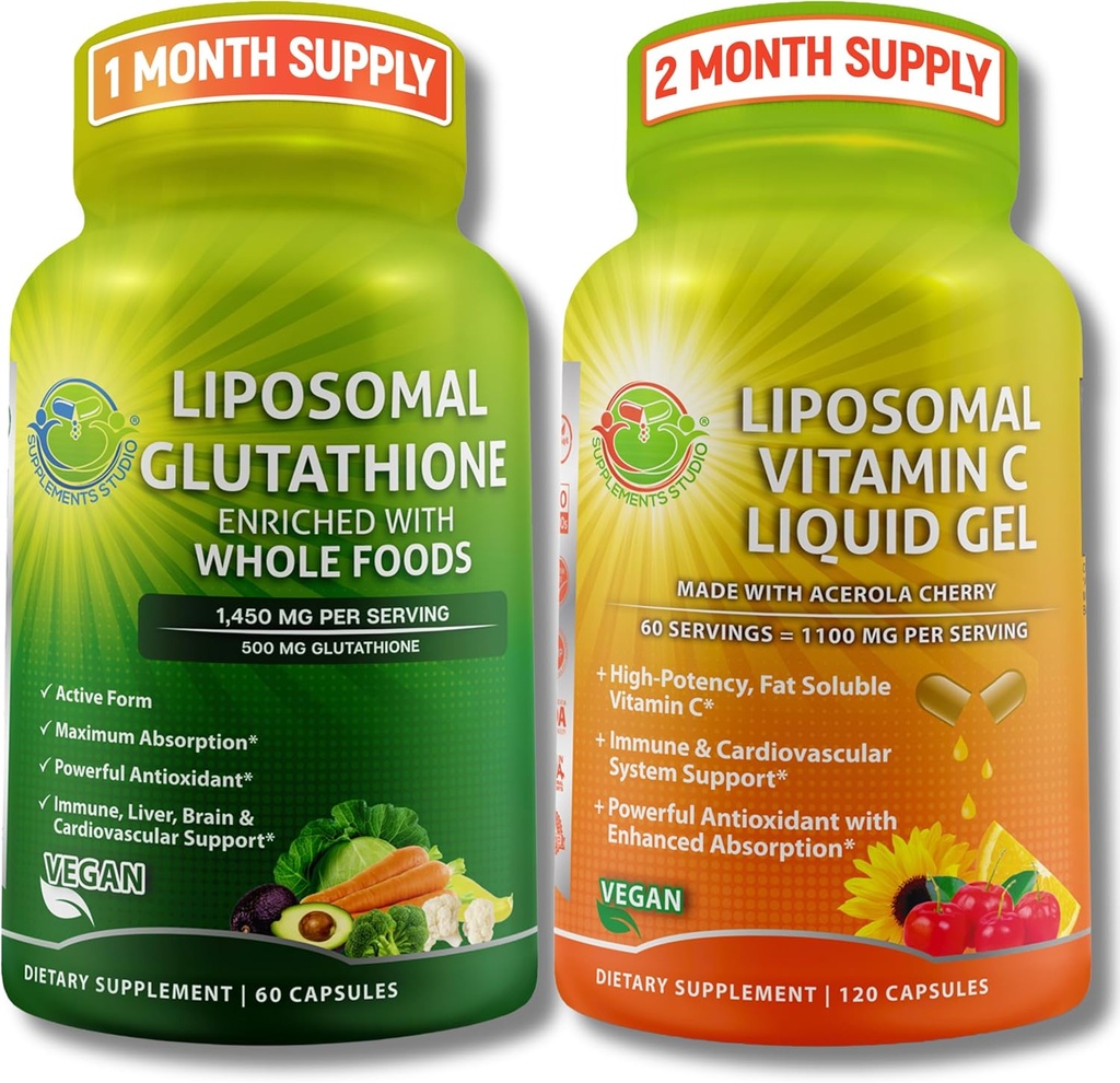 DOPOLNILNI STUDIO antioksidant, celično-imunska podpora – liposomski glutation 500mg z organskimi celimi živili + liposomski vitamin C 1100mg z organsko Acerola Cherry