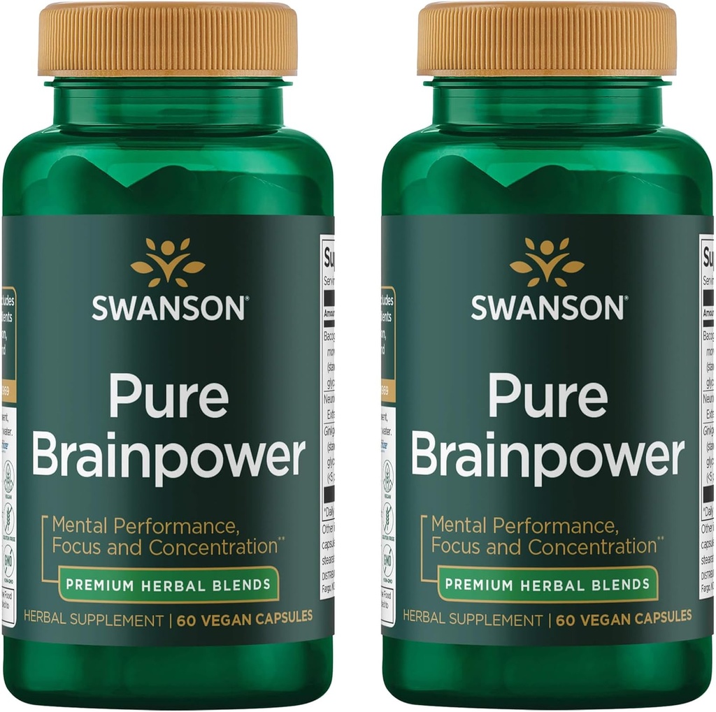 Swanson Pure Brainpower Brain Health Kognitivni spomin Fokus Podpora Brain-Derived Neurotrofic Factor (BDNF) Zeliščni dodatek (Ginkgo Biloba, Bacopa Monnieri) 60 Veggie kapsule (Veg Caps) (2 paket)