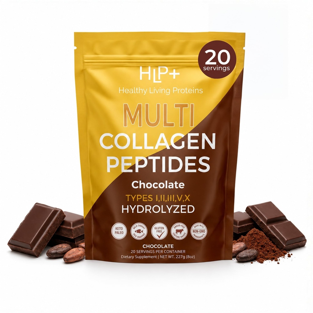 Zdravi živi proteini - hidrolizirani več kolagenski peptidi v prahu tipi I, II, III, V & X - Govedo s hranili trave, divji morski ujet, prostorazsežni piščanci - Gluten prost (hokolat, 8 oz)