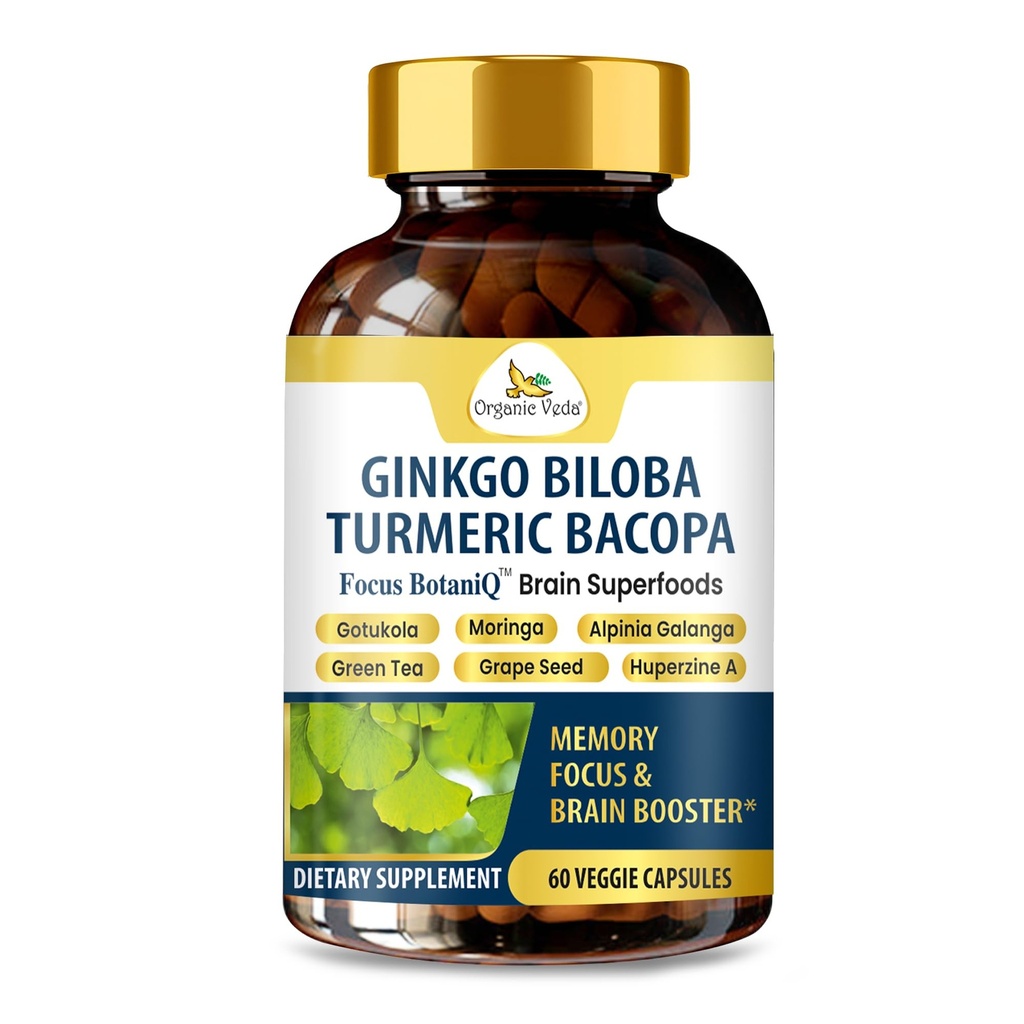 Organska veda Ginkgo Biloba Turmeric Bacopa Brain Supplement for memory, Mood & Focus with Ashwagandha - Koncentracija, Energy & Brain Booster, Zdravi sklepi & Cirkulation Podpora - 60 Veganska kapsula