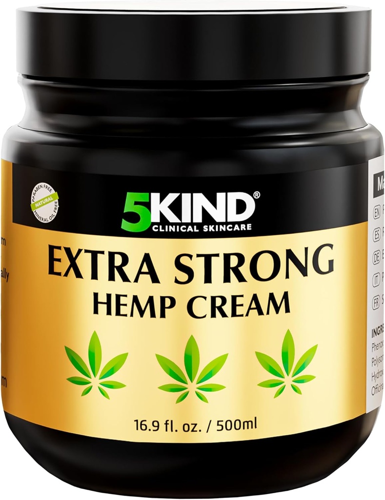 5kind ekstra močna konoplja krema 16.9 fl oz- Največja moč - naravni blažilni relief - Muscle Rub za spodnji del hrbta, sklepov, vratu, kolen in ramen - Največja moč konoplja krema