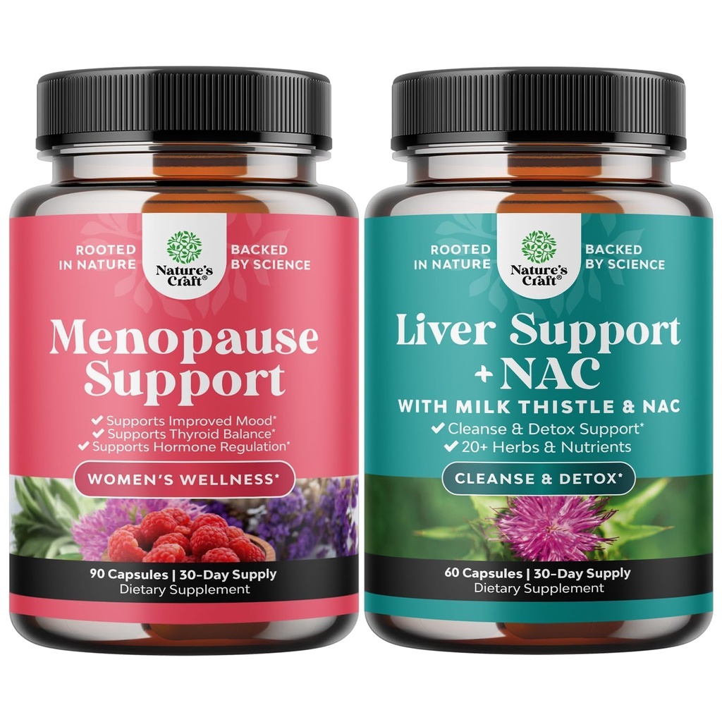 Paket Menopause Dopolnilo za ženske z Dong Quai, Vitex Chaste Berry & Black Cohosh in Jetrna podpora NAC dodatek z mlekom Thistle, Artichoke, Choline & Pesetroot za Detox & Popravila