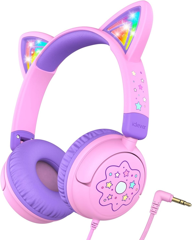 iClever Kids slušalke Cat uho, LED luč gor, 85dBA varno glasnost, Stereo zvok Toddler slušalke za potovalno šolo, zložljiv 3,5mm Wired otroci slušalke za iPad tablete, Meow Lollipop -Pink