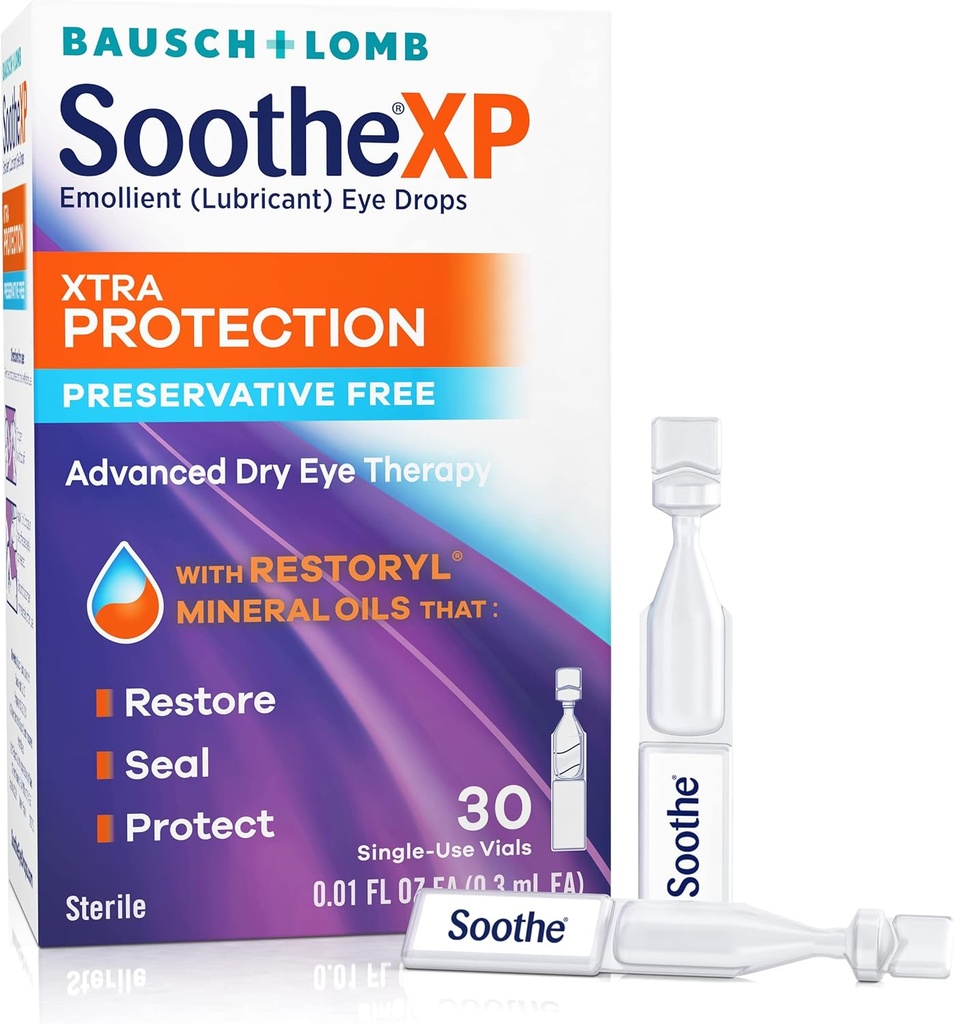 Soothe XP Konservativne proste kapljice za oči, Xtra zaščita Lubrikativne kapljice za oči za suhe oči, Olajša draženje in ščiti pred tear izgubo, Napredna terapija suhega očesa, Viale za enkratno uporabo, 30 Število