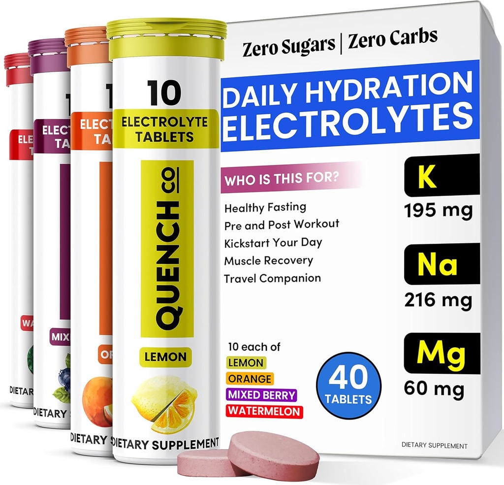 Quench Electrolyte tablete 40 Count Instant Hydration, Elektroliti, Fasting Elektroliti No Sladkor za optimalno Hydration podporo ne v prahu - lubenica, pomaranča, mešano Berry, limonske arome