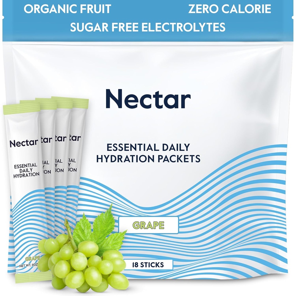 Nectar Hydration Packets - Elektrolitski paketi v prahu - brez sladkorja & 0 Calorie - Tekoči ekološki sadje dnevno IV Hydrate Packs za dehidracijo Relief & Hitra rehidracija (Pakiranje Grape 18)