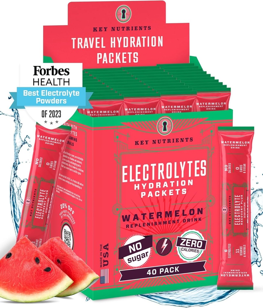 KLJUČNI HRANILCI Elektroliti v prahu Pakiranje - Osvežitev lubenice 40 Pack Hydration Pack - Travel Hydration Powder - Izdelano v ZDA - Brez sladkorja, brez kalorij, brez glutena