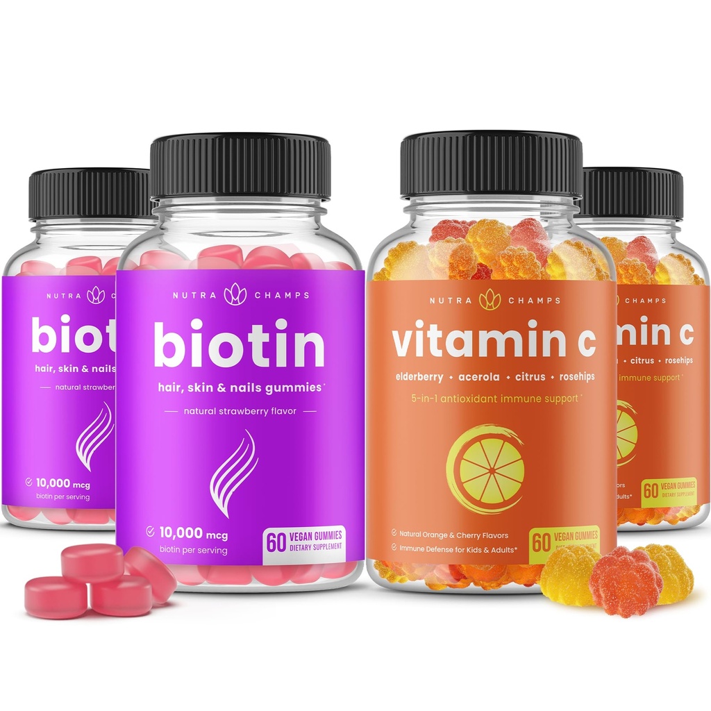 NutraChamps Biotin Gummies (2 paketa) in vitamin C Gummies (2 paketa)