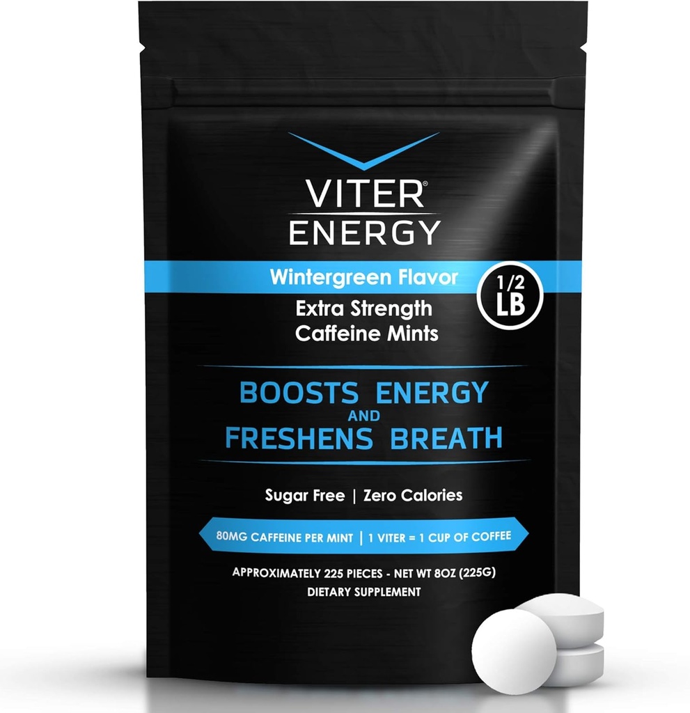 Viter Energija Dodatna moč Kofeinirane mete 80mg Kofein, B Vitamini, brez sladkorja. (Zimsko zelena, 8oz, razsutem stanju vrečko)