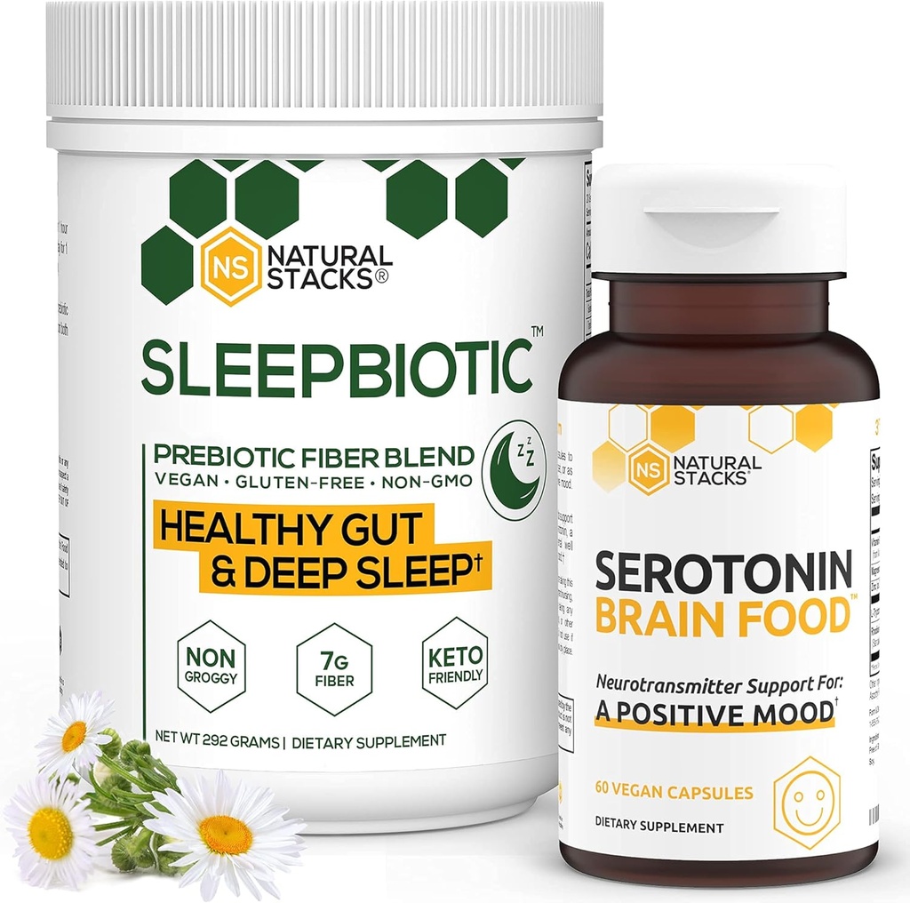 Naravni nizov dopolnila - SleepBiotic prebiotic Fiber (292g) + Serotonin dodatek (60 kap) - za Mood & Energy Boost, Duševno zdravje, Gut zdravje in boljši spanec