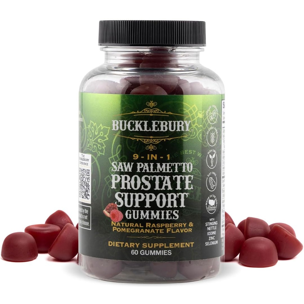 BUCKLEBURY 9-v-1 naravna žaga Palmetto Gumies z Raspberry & Granatna aroma - Rastlinsko-osnovana prostatna podpora dopolnila za moške Bladder zdravje, rast las in urinska podpora - 60 Gumies