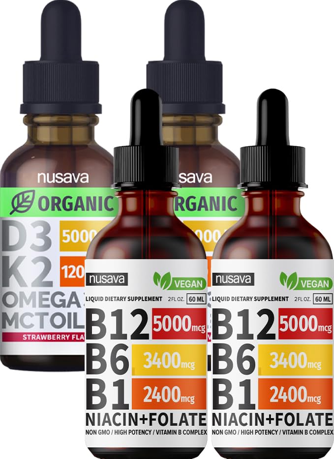 NUSAVA Vitamin B12 Tekoče kapljice in jagode arome D3 K2 paket - Močni tekoči vitamini za srce, Joint, Energija, & Imunska podpora - Non-GMO, Gluten-free, 2pk vsak