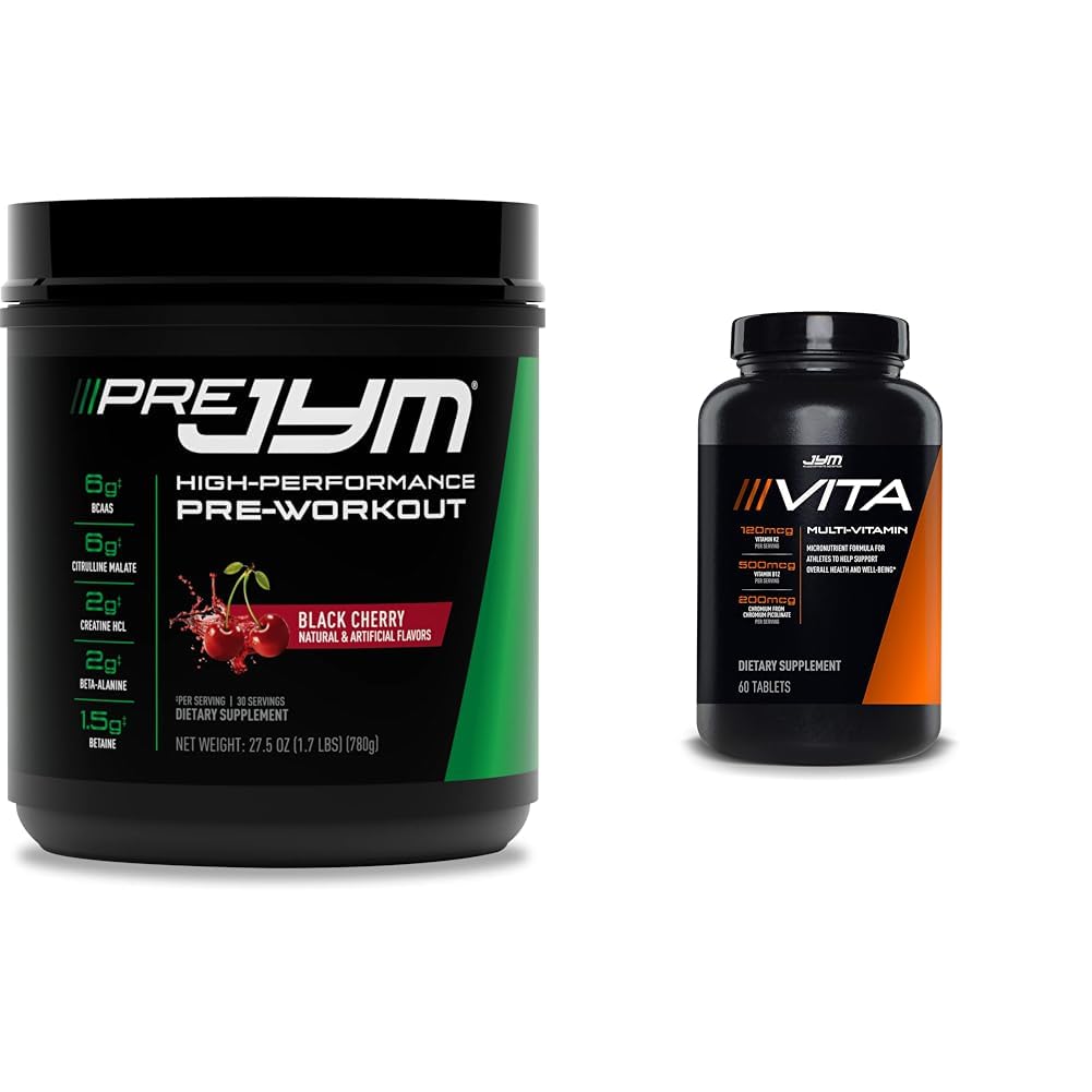JYM Supplement Science PRE JYM 30 Servings - Black Cherry & Vita JYM Sports Multivitamin & Mineral Support, Vitamin A, C, B6, B12, E, K, Boron, Biotin, Kalij 60 Tablete