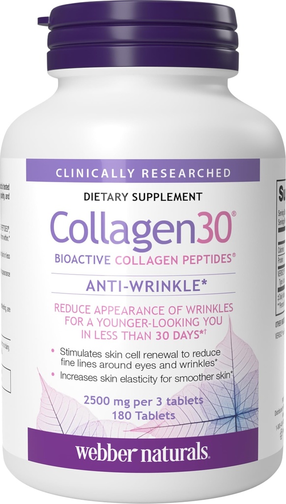 Webber Naturals Collagen30 Anti-Wrinkle, 2500mg bioaktivnih kolagen peptidi na serviranje, 180 tablete, pomaga zmanjšati globoke gube, fine linije in stimulira kožne celice, ne GSO, Mlečni in gluten brezplačno