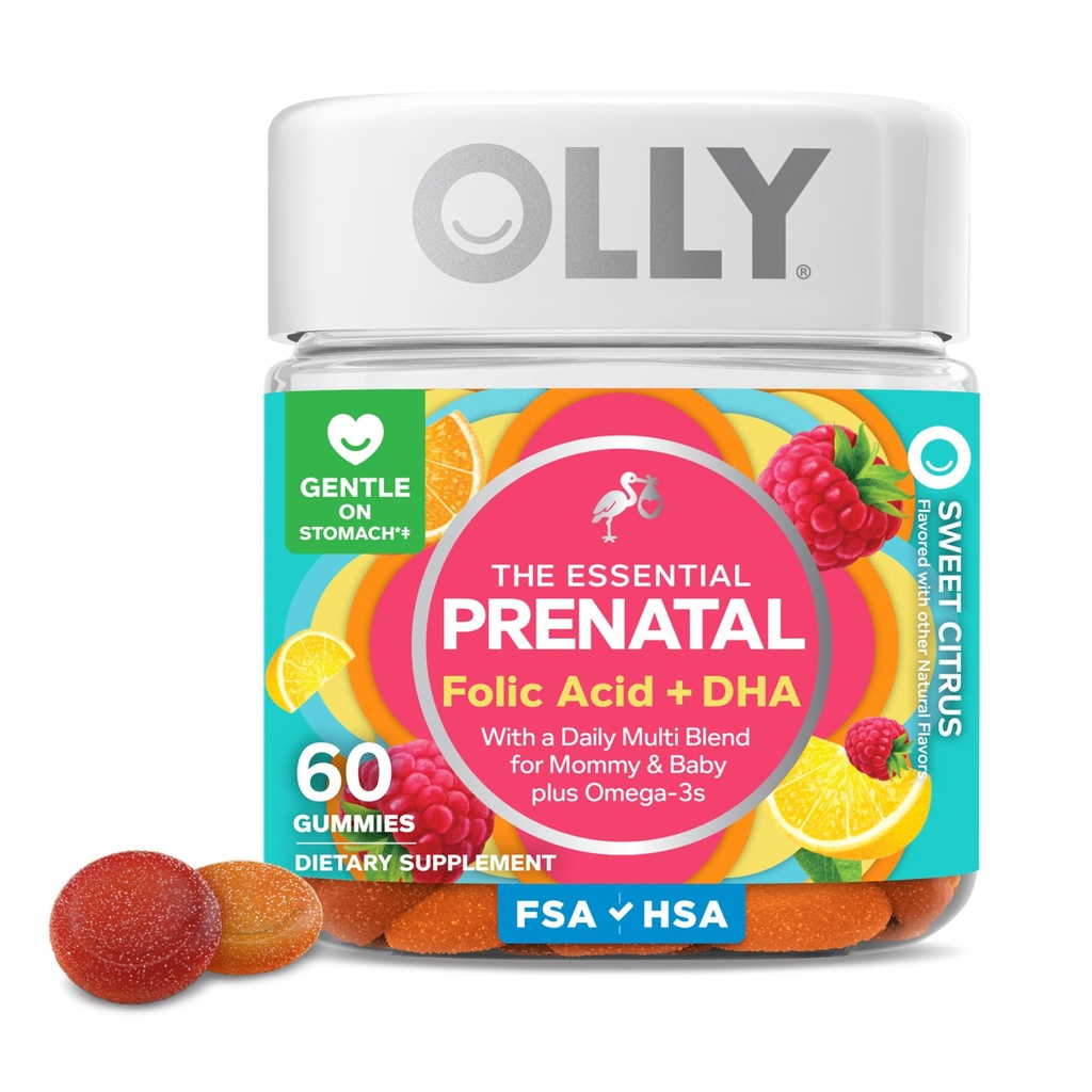 OLY prednatalni multivitaminski gummy, Podpira zdravo rast in razvoj možganov, Folna kislina, Vitamin D, Omega 3 DHA, Žvečljivi dodatek, Citrus Berry Flavor, 30 Day Supply - 60 Count