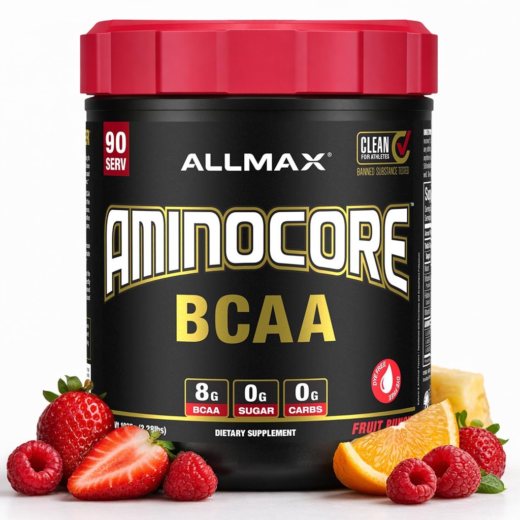 ALLMAX Nutrition AMINOCORE BCAA, Fruit Punch - 945 g Prašek - 8.18 Grami razvejanih verižnih amin kislin na serviranje - z vitamini B - brez polnil ali brez BCAA Amino - sladkor brez - 90 Serving