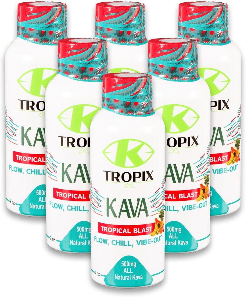 K-Tropix Kava Shot Tropical Blast - 500mg Wellness Shots za spodbujanje sprostitve in zmanjšanje skrbi - Kava pijača - skrbi, Napetost, Seva Relief dodatek - 6 Pack