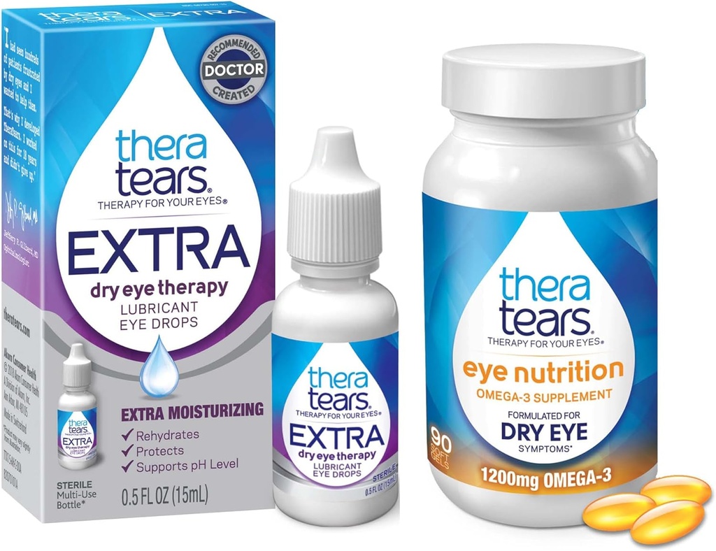 TheraTears 1200mg Omega 3 Dopolnilo za prehrano oči,Organično laneno trigliceridno ribje olje in VIT E,90 kapljice za oko, ekstra suho oko terapija,15 ml,0,5 Fl oz