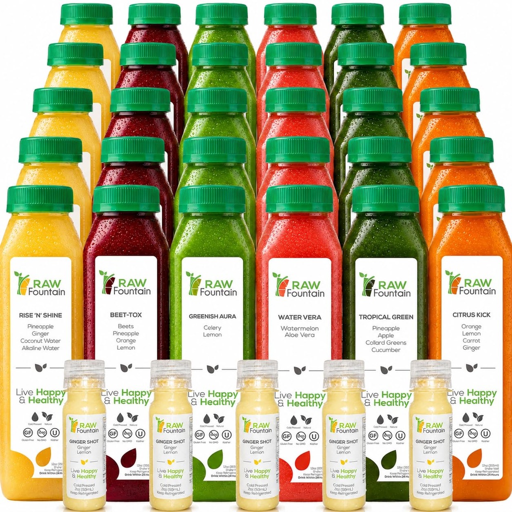 5 Day sok očistijo surove vode, tropske arome, vse naravne surove, hladno stiskane sadne in zelenjavne sokove, Detox čiščenje, 30 steklenic 12oz, 5 Bonus ingver posnetkov
