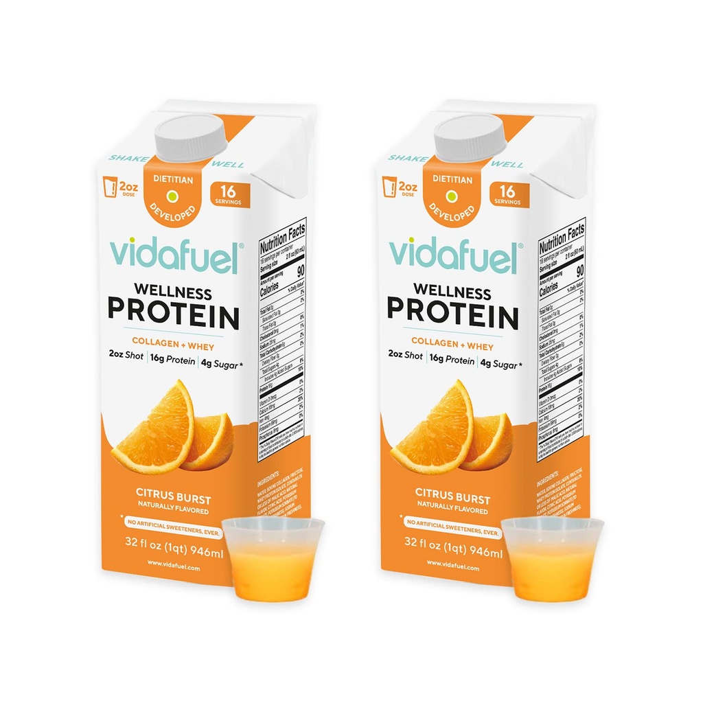 Vidafuel Protein Drink, 16g Beljakovine na 2oz Shot, 32 fl oz Škatla, 2 paketi, Citrus, kolagen in sirotki Drink, brez umetnih sladil