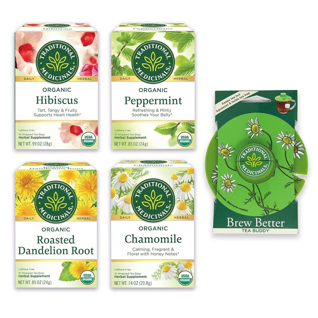 Tradicionalna zdravila, organska varieteta Pack for Wellness in Four Soothing Flavors, Vključuje pepermint, Kamilica, Hibiscus, Praženi Dandelion Root, Čaj Buddy, 64 Tea Bags, (4 pakiranje)