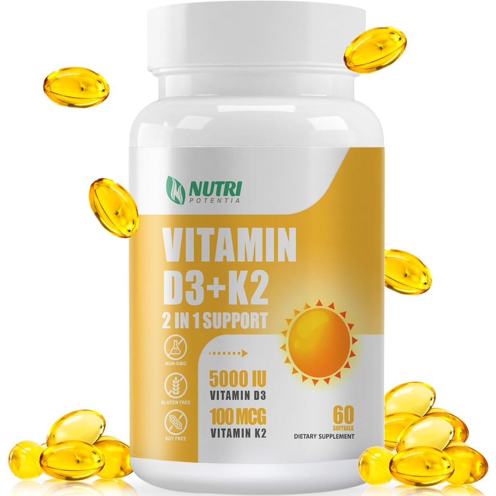 Vitamin D3 K2 z MCT oljem, vitamin D3 5000 i.e. in K2 100mcg, Formula 2 v 1 za zdravje kosti in srca, Gluten Free - 60 Count Softgels