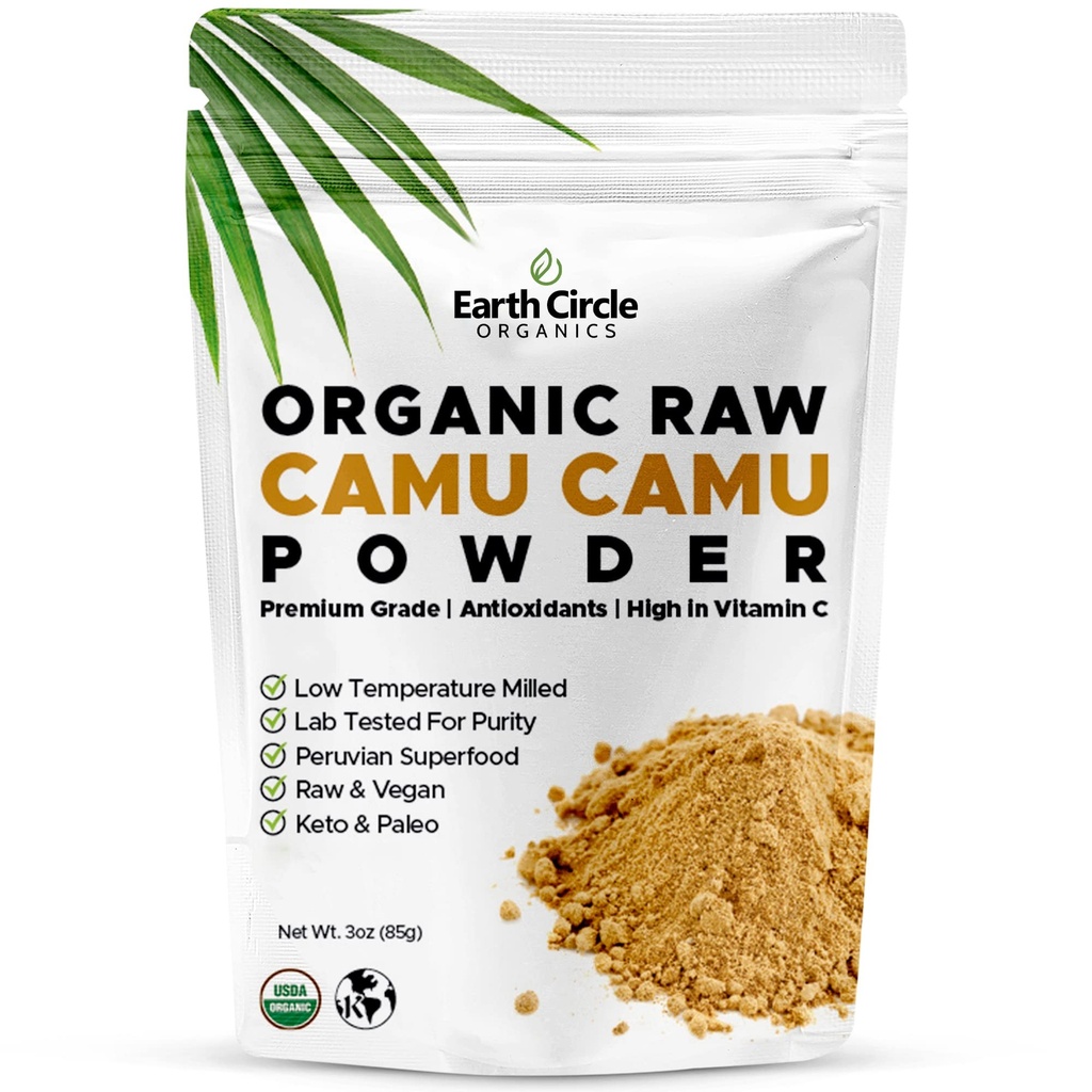 Earth Circle Organics Camu Camu Powder – Organic Raw Berry Powder z naravnim vitaminom C in antioksidanti – Vegan, Kosher, Non-GMO Superfood for Immunity & Energy – 3oz (Pack of 1)