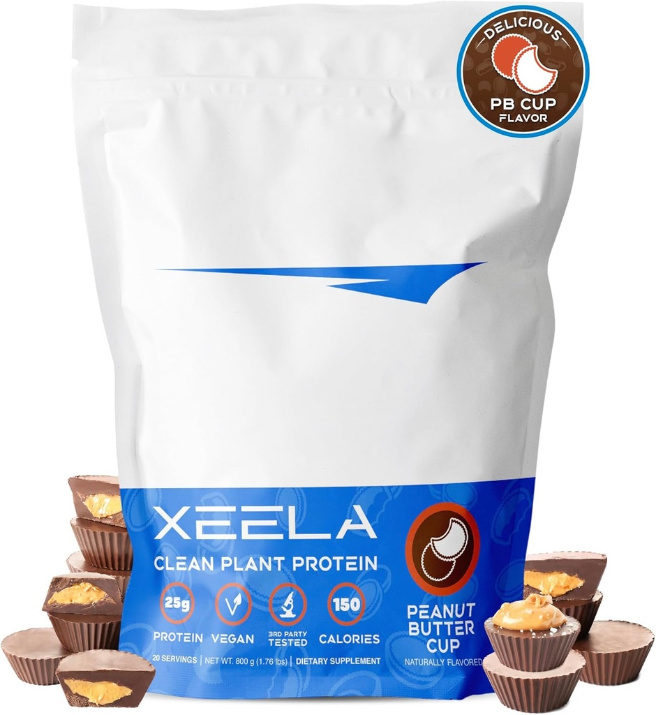 XEELA rastlinski veganski protein v prahu - Neodvisno testirani - 25g visoki proteini, Pea proteini za moške in ženske - vitamini in minerali, ne GSO, Mlečni in gluten brez, LowCarb & LowFat (Peanut Butter Cup)