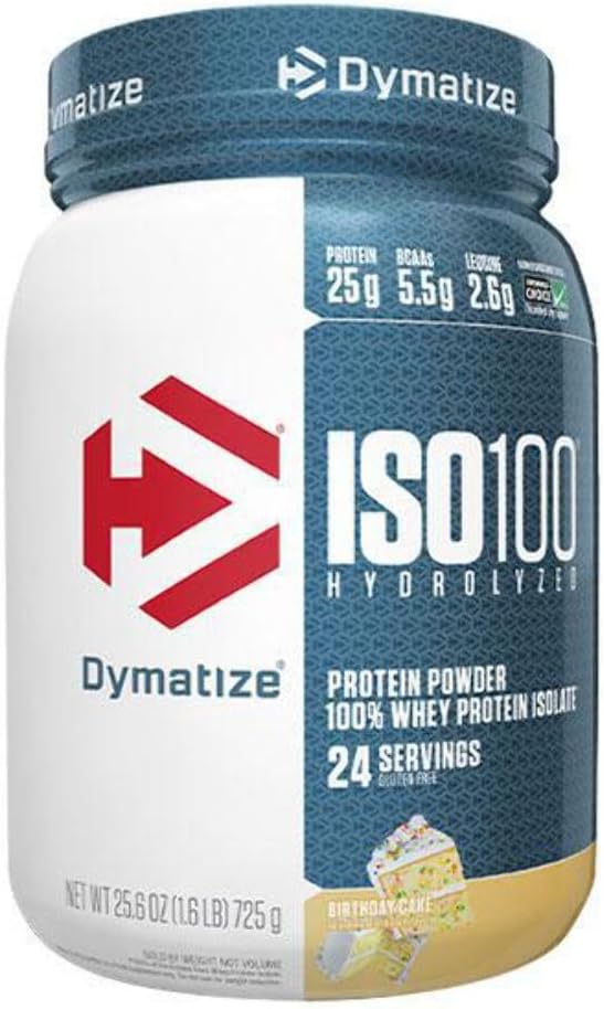 Dymatize ISO 100 Whey Protein v prahu s 25 g hidroliziranega 100% sirotkinega izolata, brez glutena, hitro prebavljanje, rojstnodnevna torta, 1.6 funt