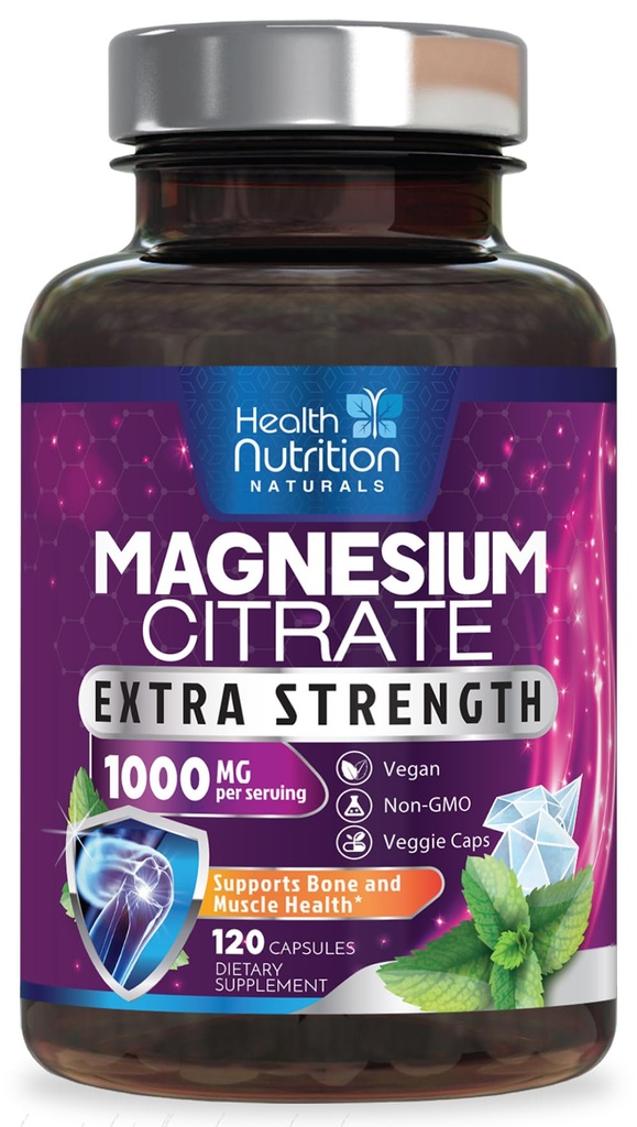 Kapsule magnezijevega citrata 1000 mg - Max Absorpcija Magnezijev prašek za zdravje mišic, živcev, kosti in srca, visoko Absorpcijski kompleks citrata, brez glutena, ne- GMO - 120 kapsul